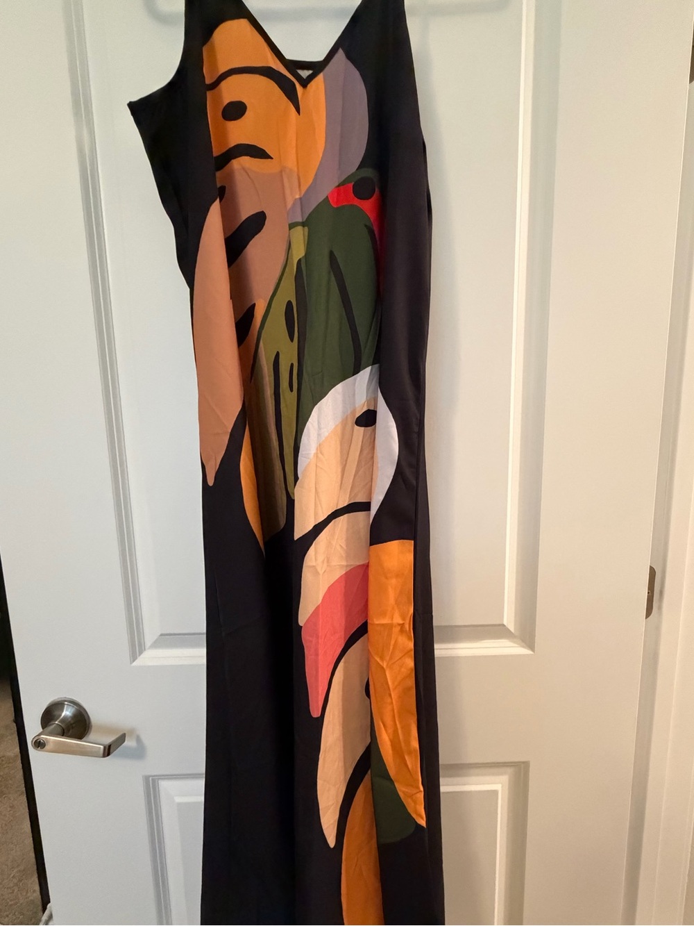 SHEIN Black Maxi Dress with Orange, Green & Red Abstract Print